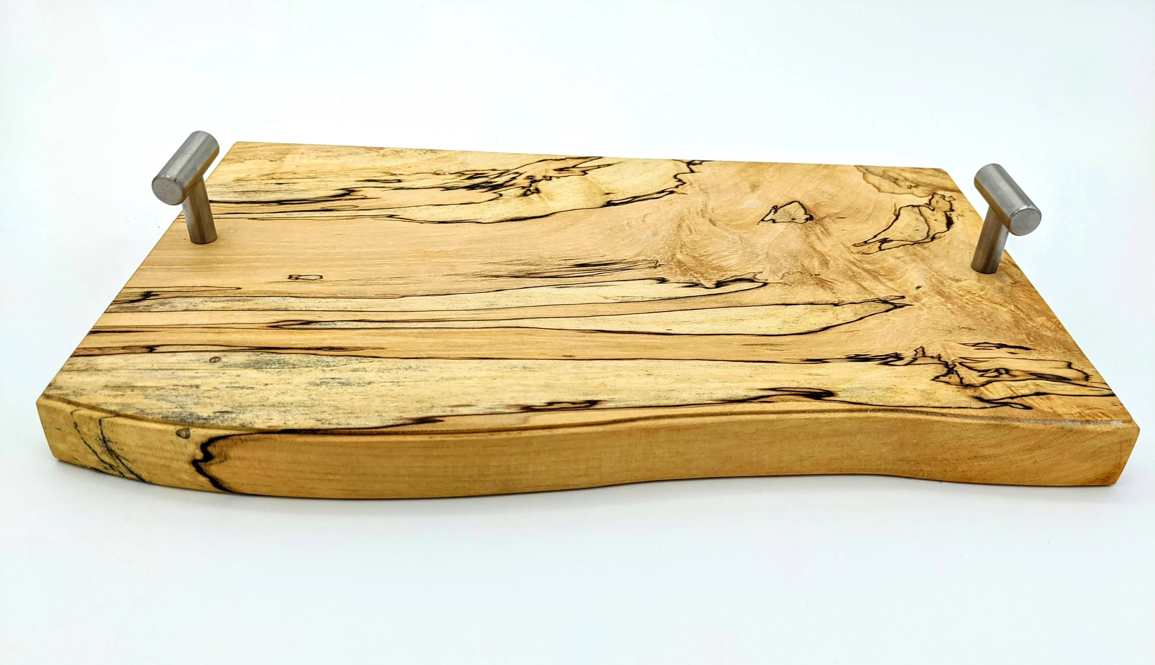 Spalted maple serving tray with brushed nickel handles